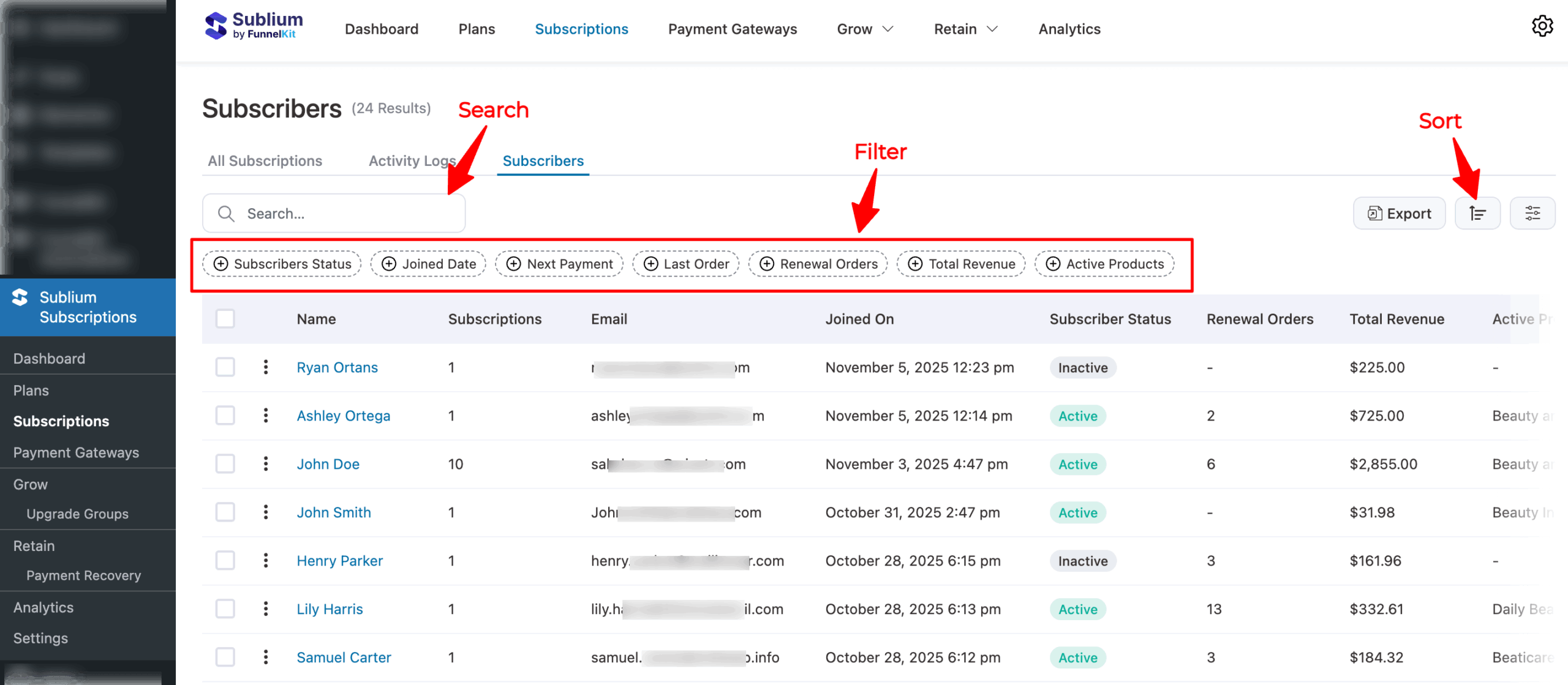 search sort and filter subscribers