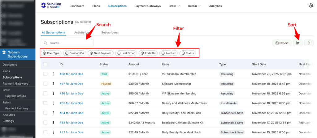 search sort and filter subscription data in Sublium Subscriptions