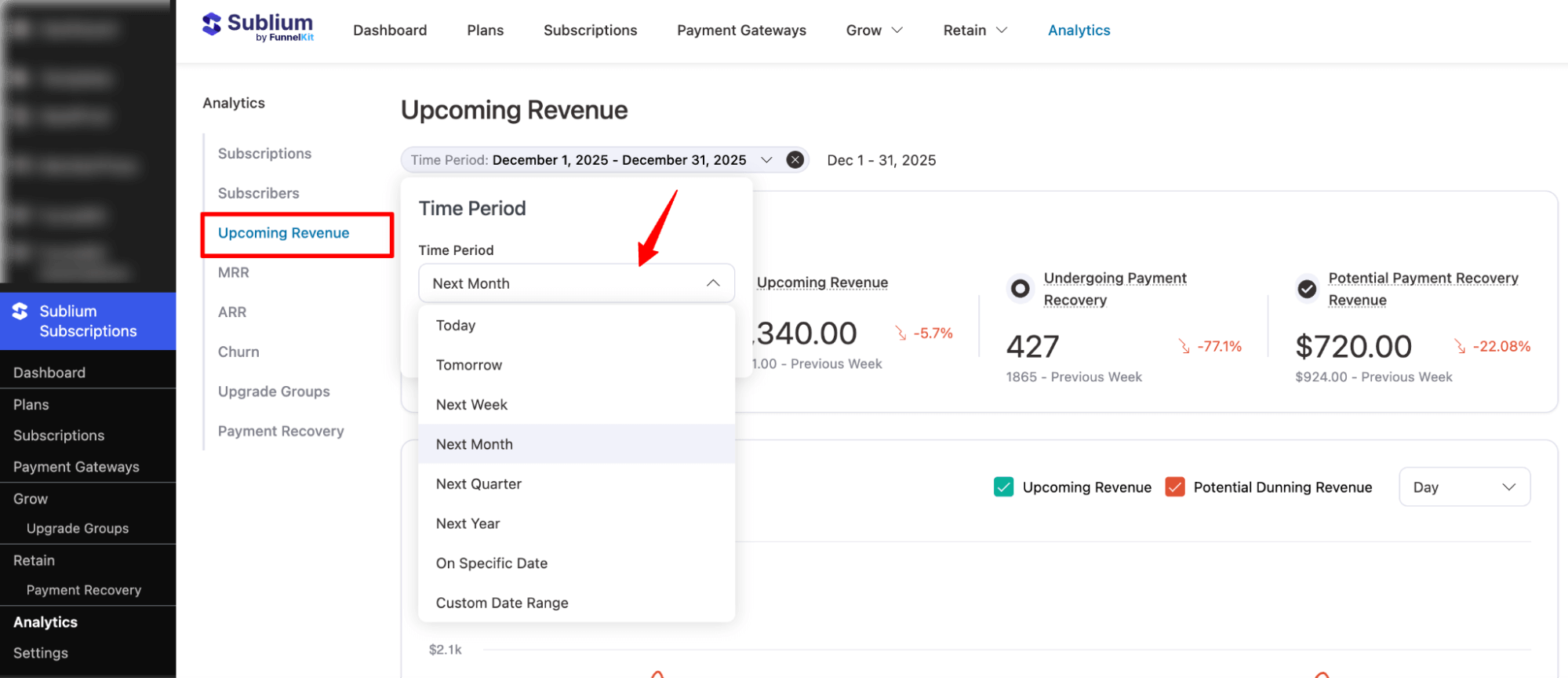 select time period to track Upcoming Revenue analytics