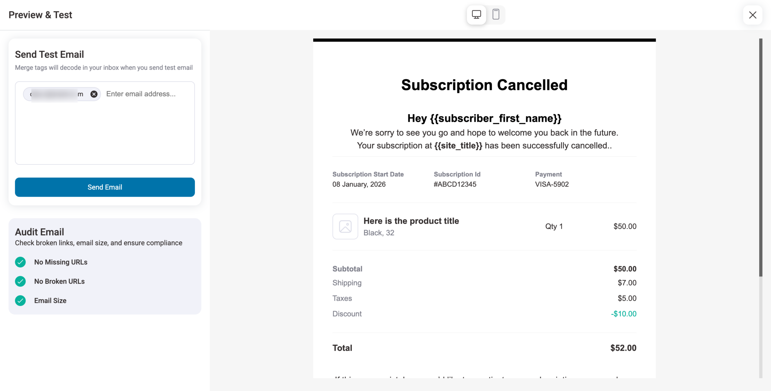 send test email Subscription Created notification