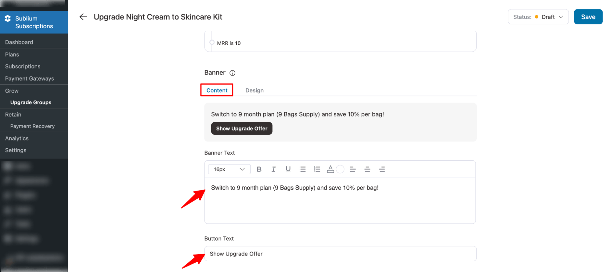 set content for upgrade group