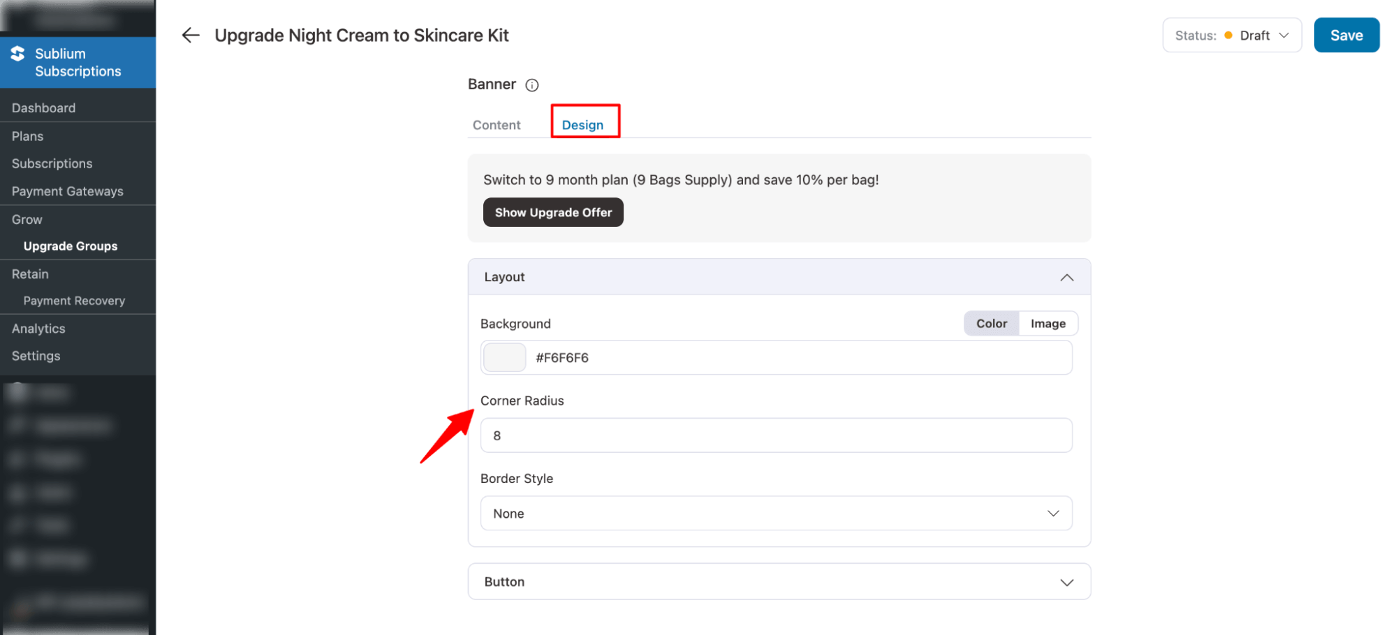 set design banner in upgrade groups in Sublium Subscriptions