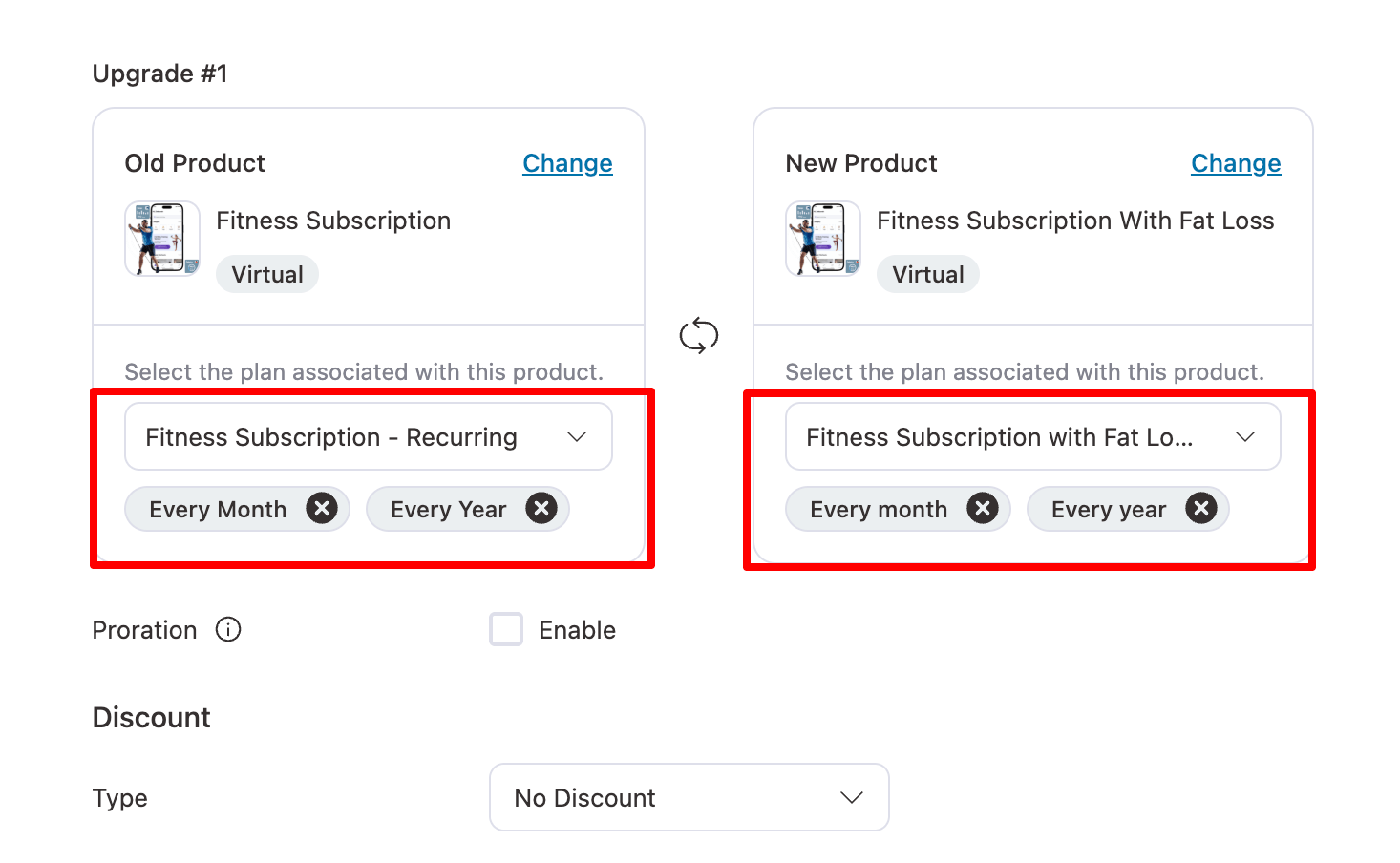 set old and new products for upgrade group