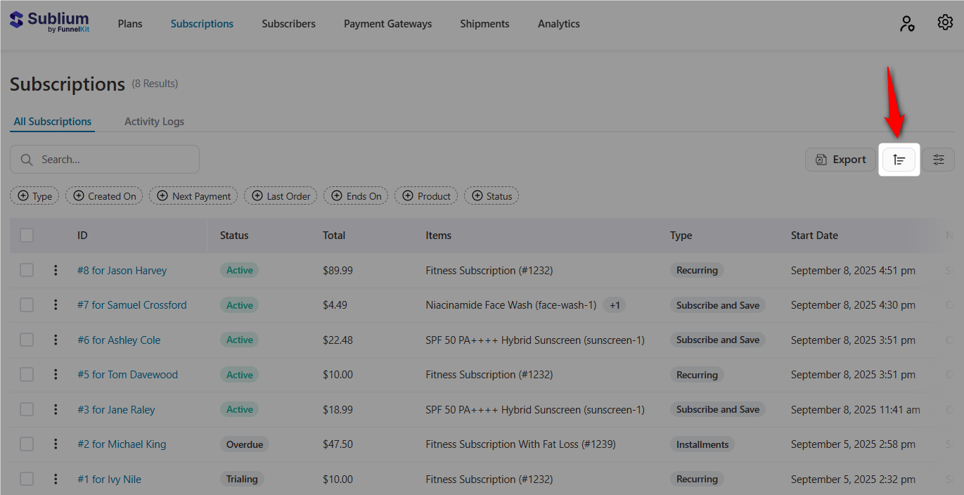 Sort option for woocommerce subscriptions in sublium