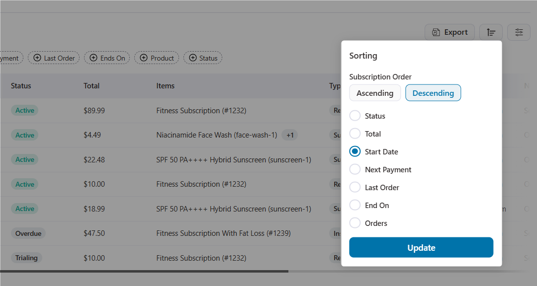 woocommerce subscription order sorting options - status, total, start date, next payment, last order, end on, and orders