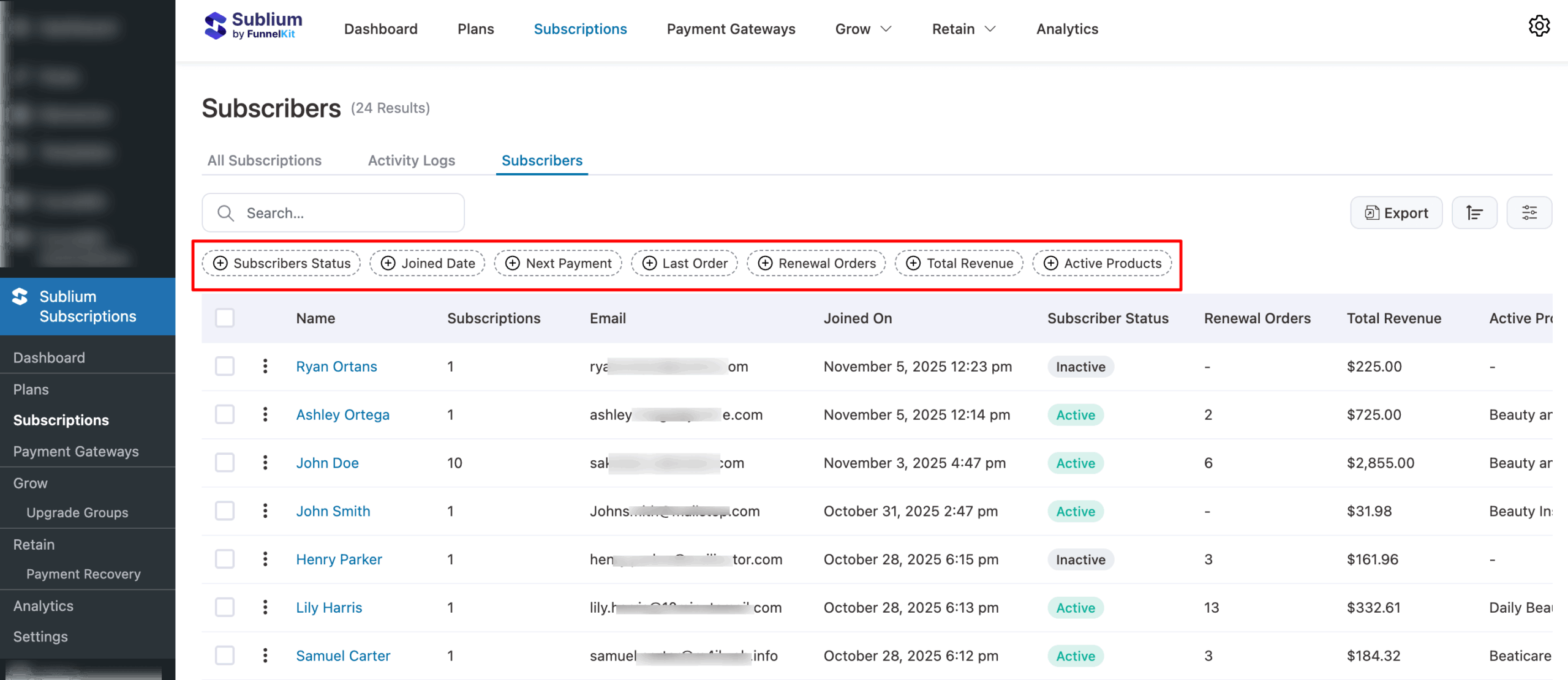 subscribers filter options