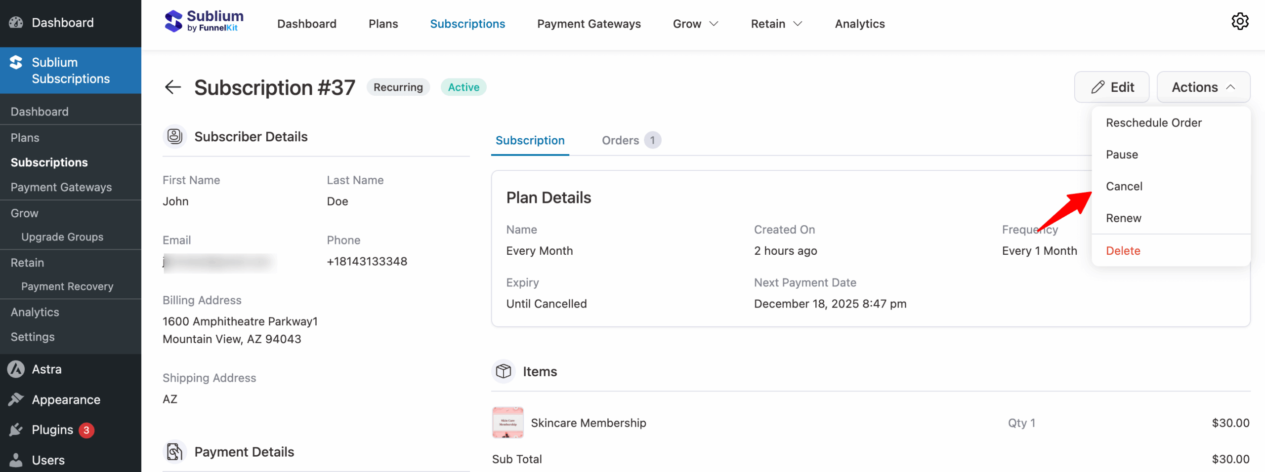 subscription actions