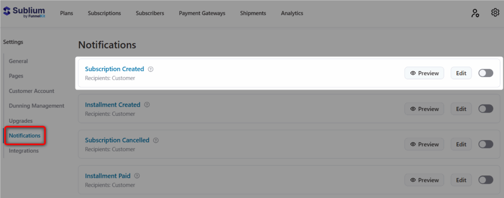 Subscription created email notification in Sublium