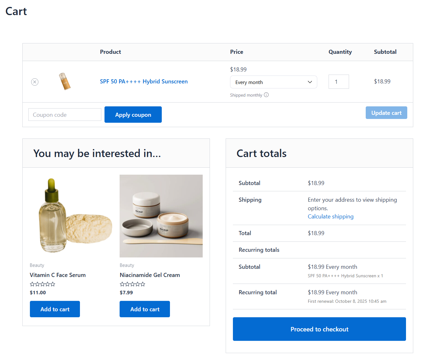 Subscription storefront flow - default woocommerce cart page