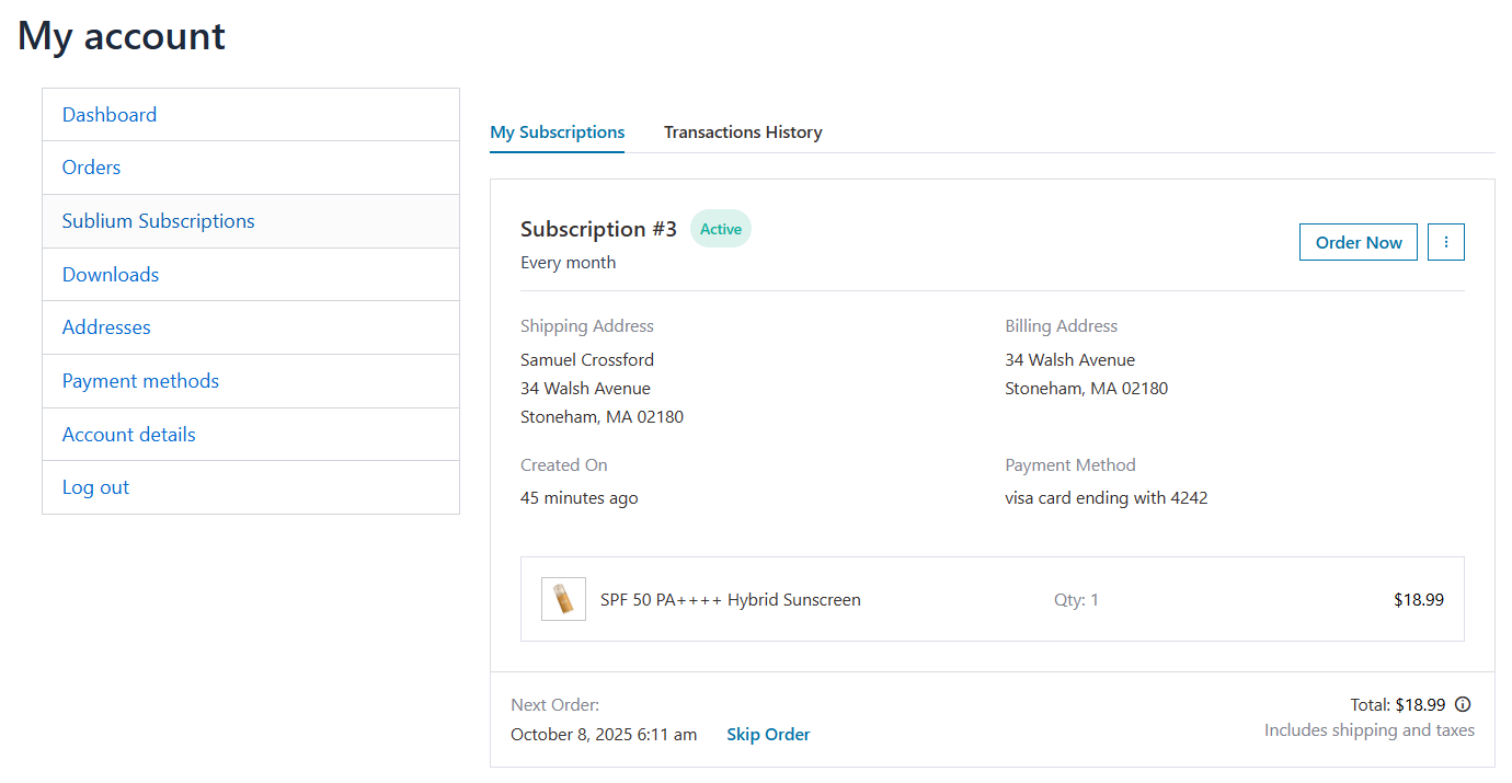 Subscription storefront flow - woocommerce my account page