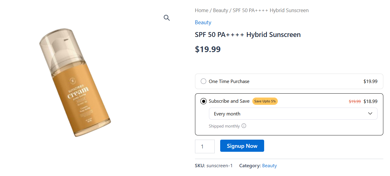 Subscription storefront flow - product page