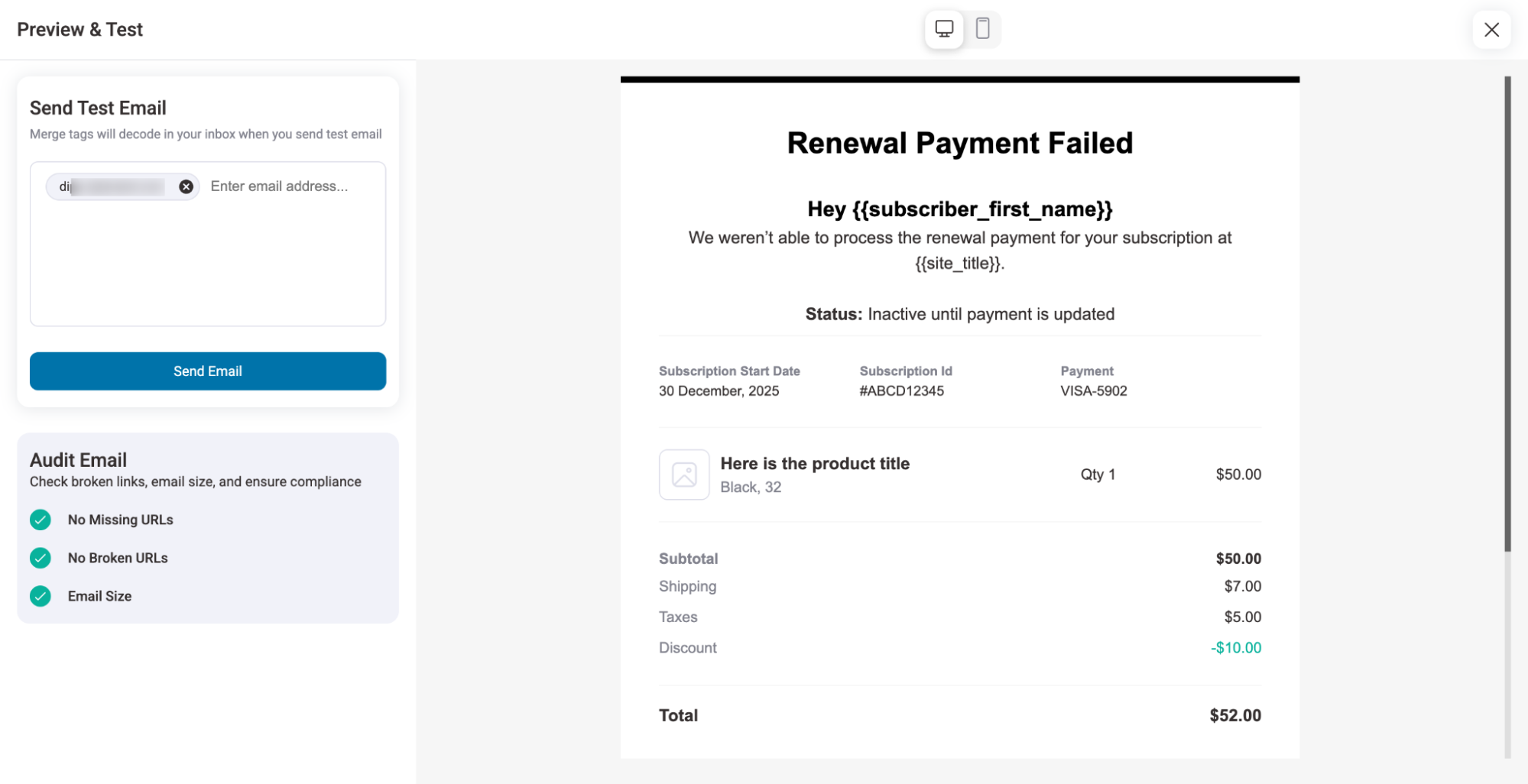 Renewal Payment Failed Email Notification - Sublium