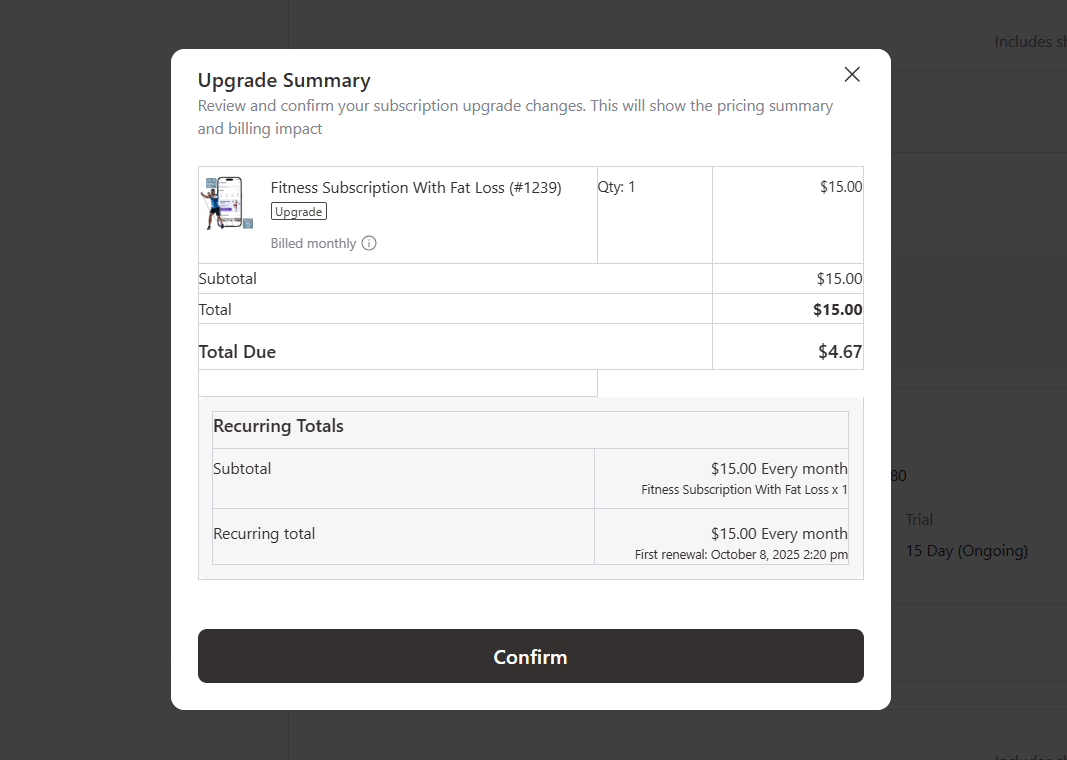 upgrade summary to confirm your subscription upgrade changes