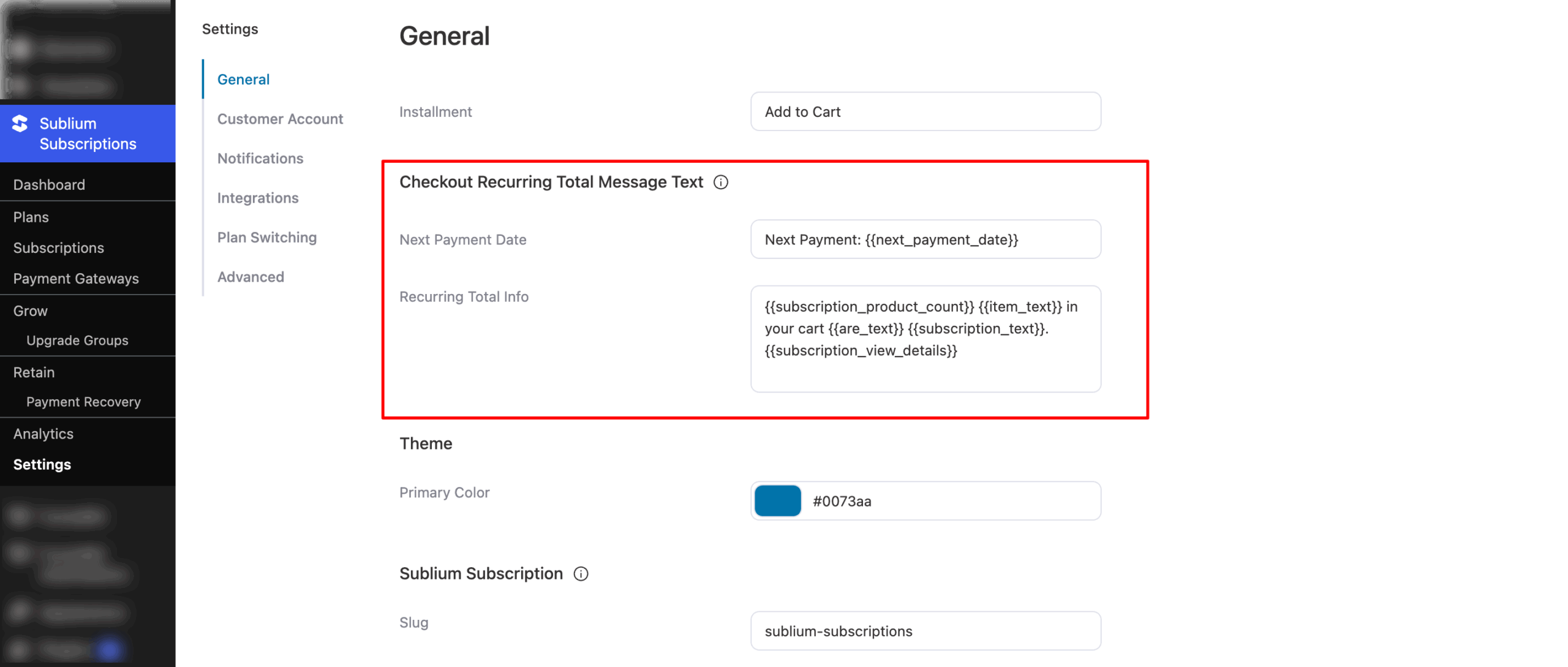 Checkout Recurring Total Message Text