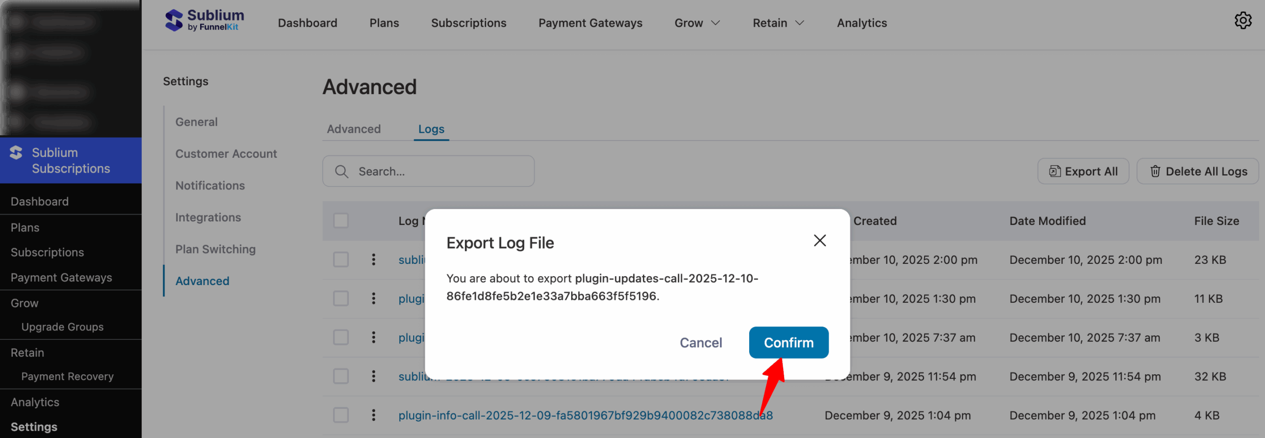 Confirm single export log