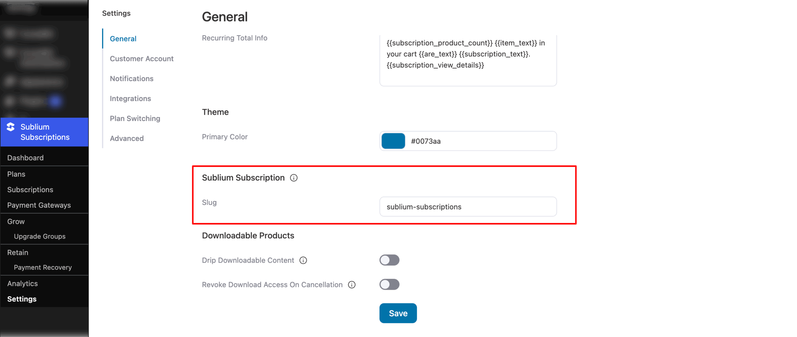 Sublium subscription slug