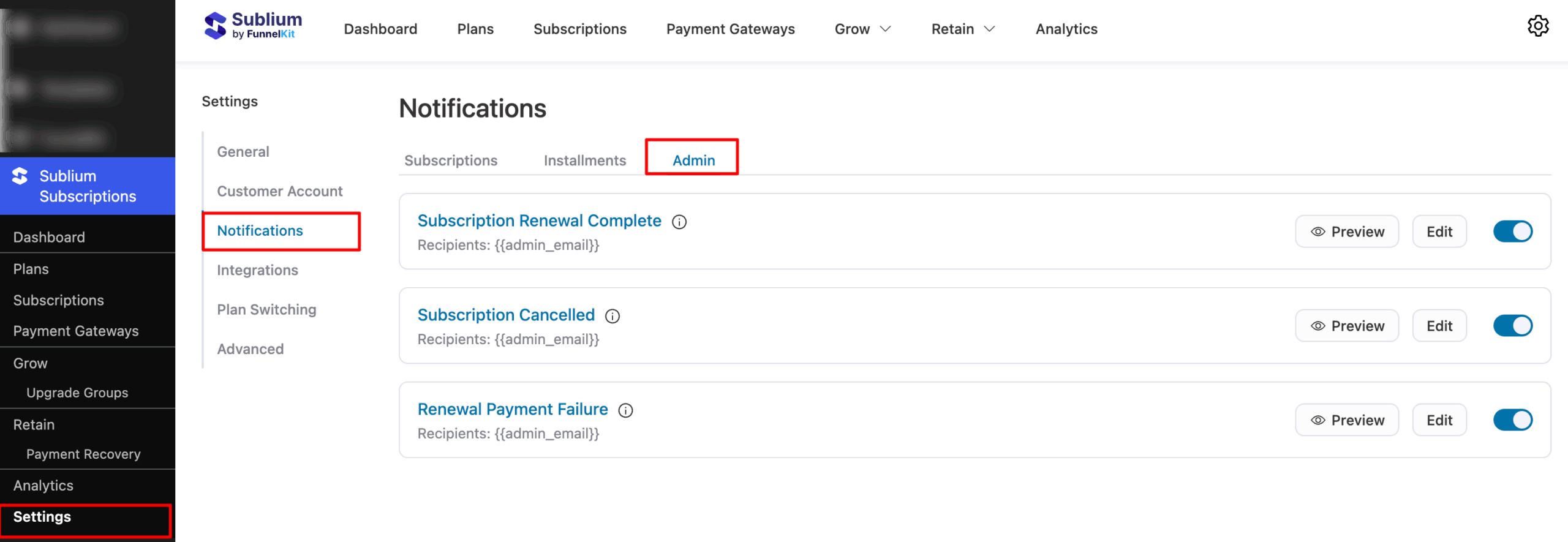admin navigate to installment notifications in Sublium Subscriptions