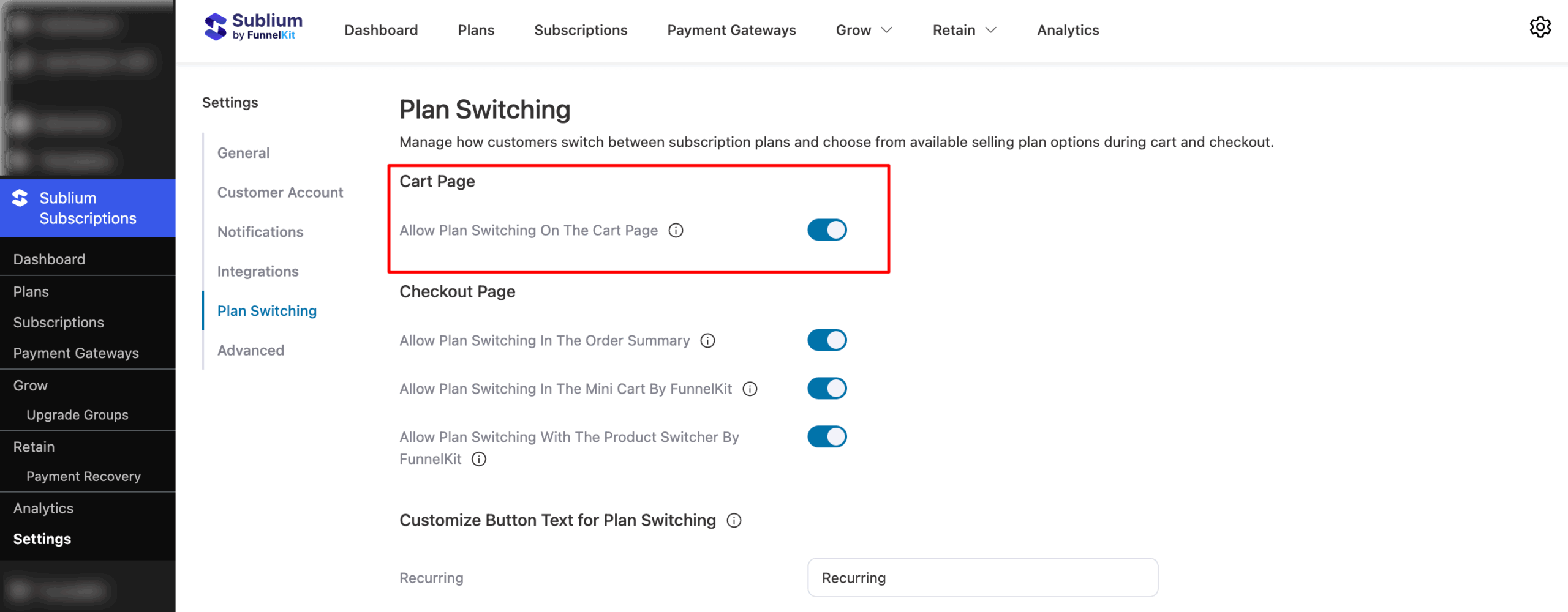 cart page plan switching