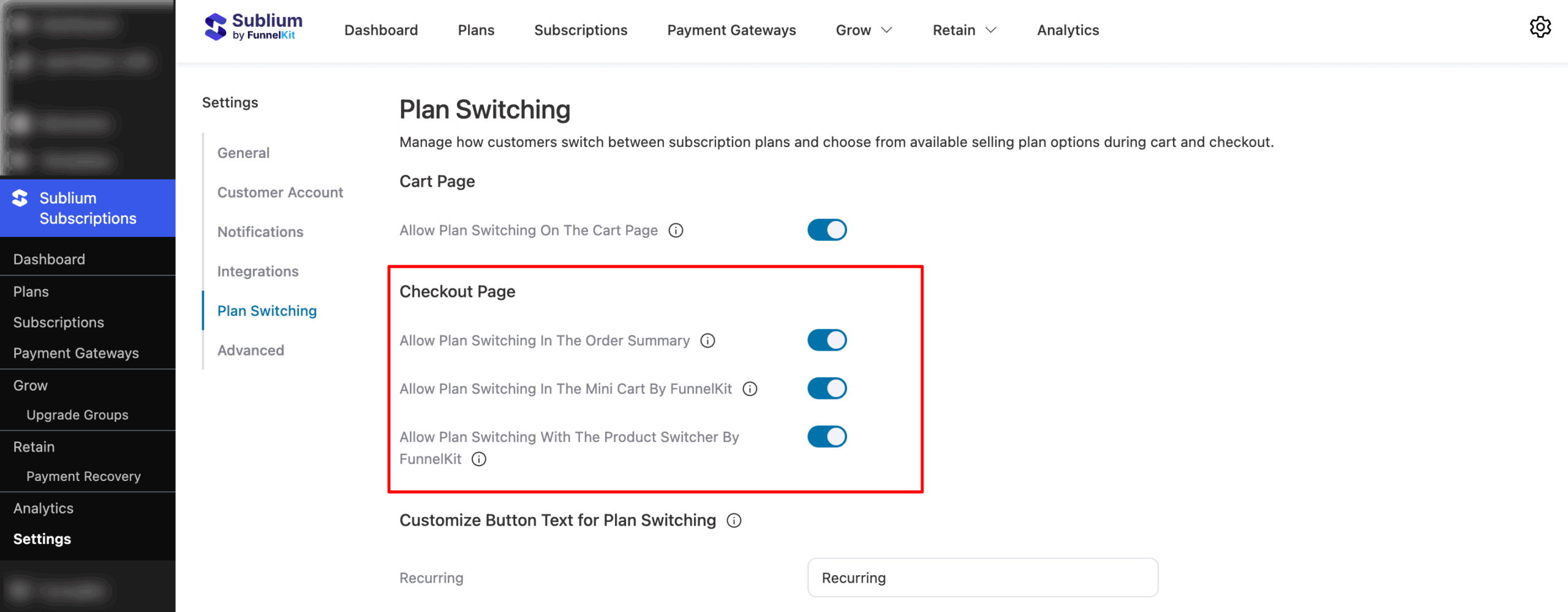 checkout page plan Switching