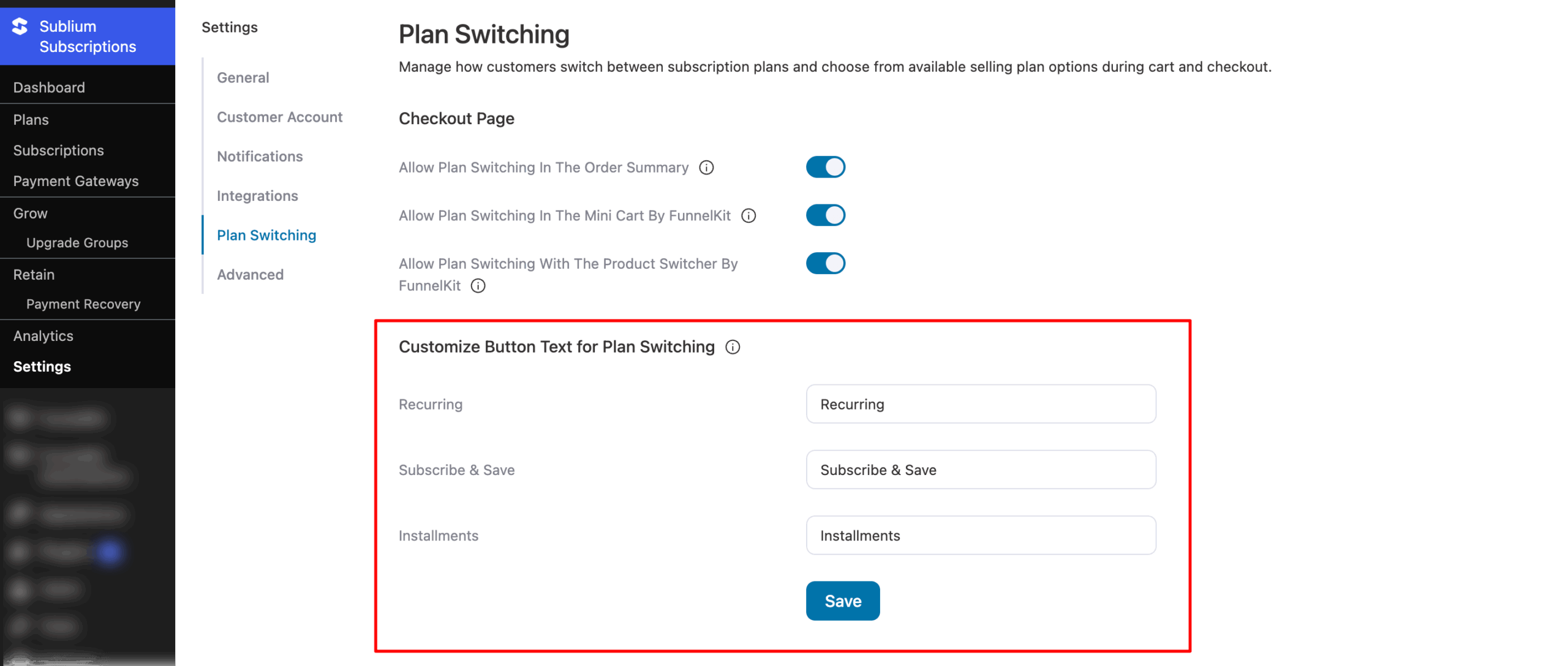 customize button text for plan switching