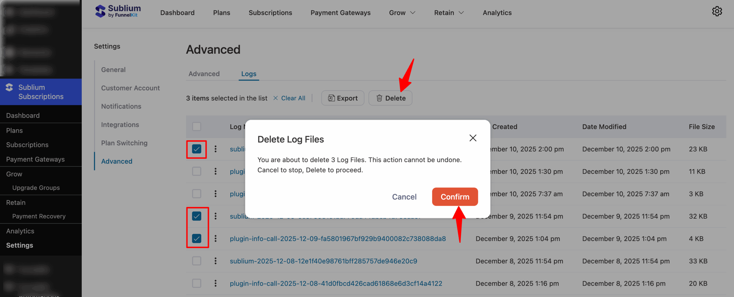 delete selected logs