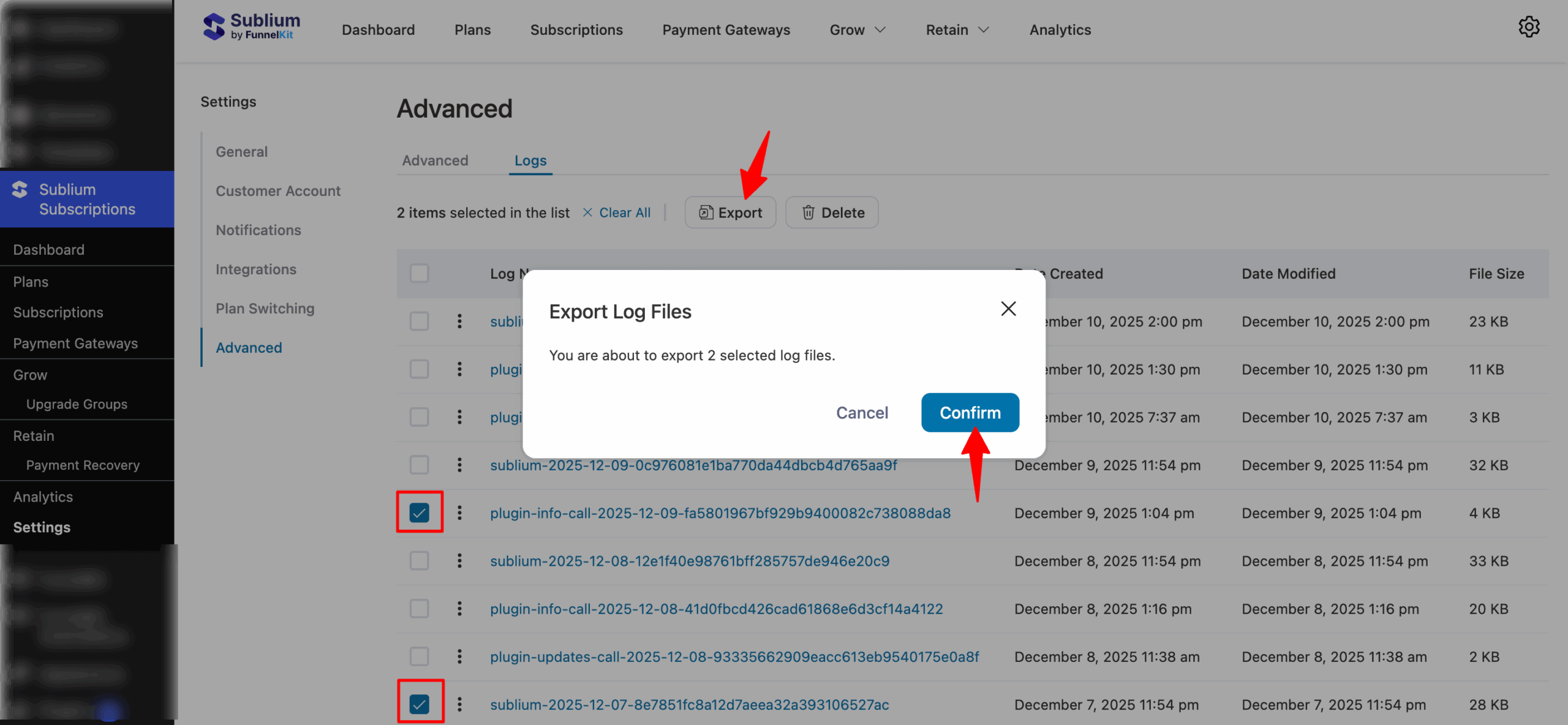 export specific logs
