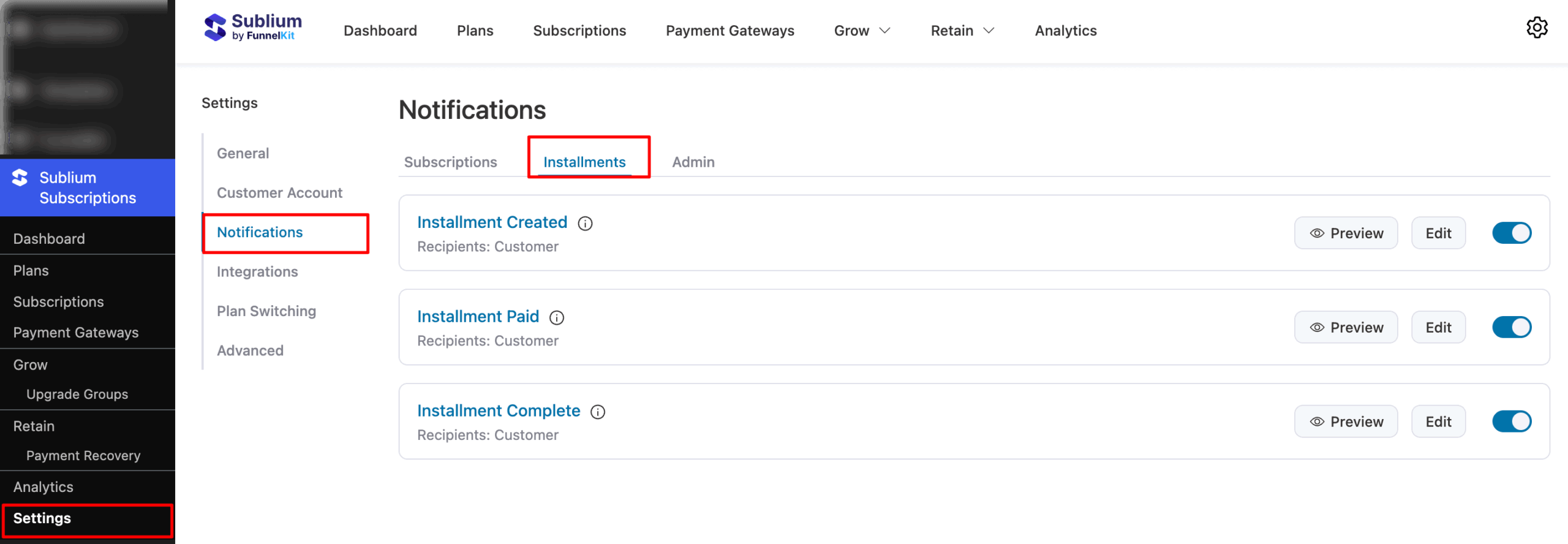 navigate to installment notifications in Sublium Subscriptions
