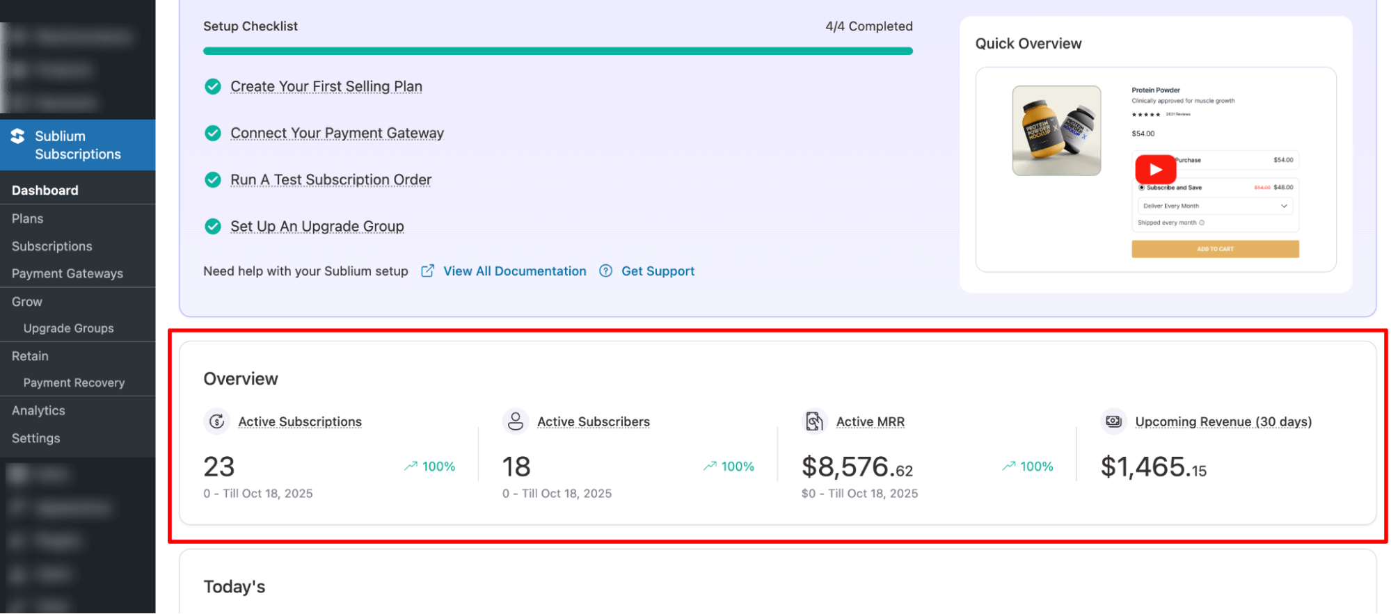overview - Sublium Subscriptions dashboard