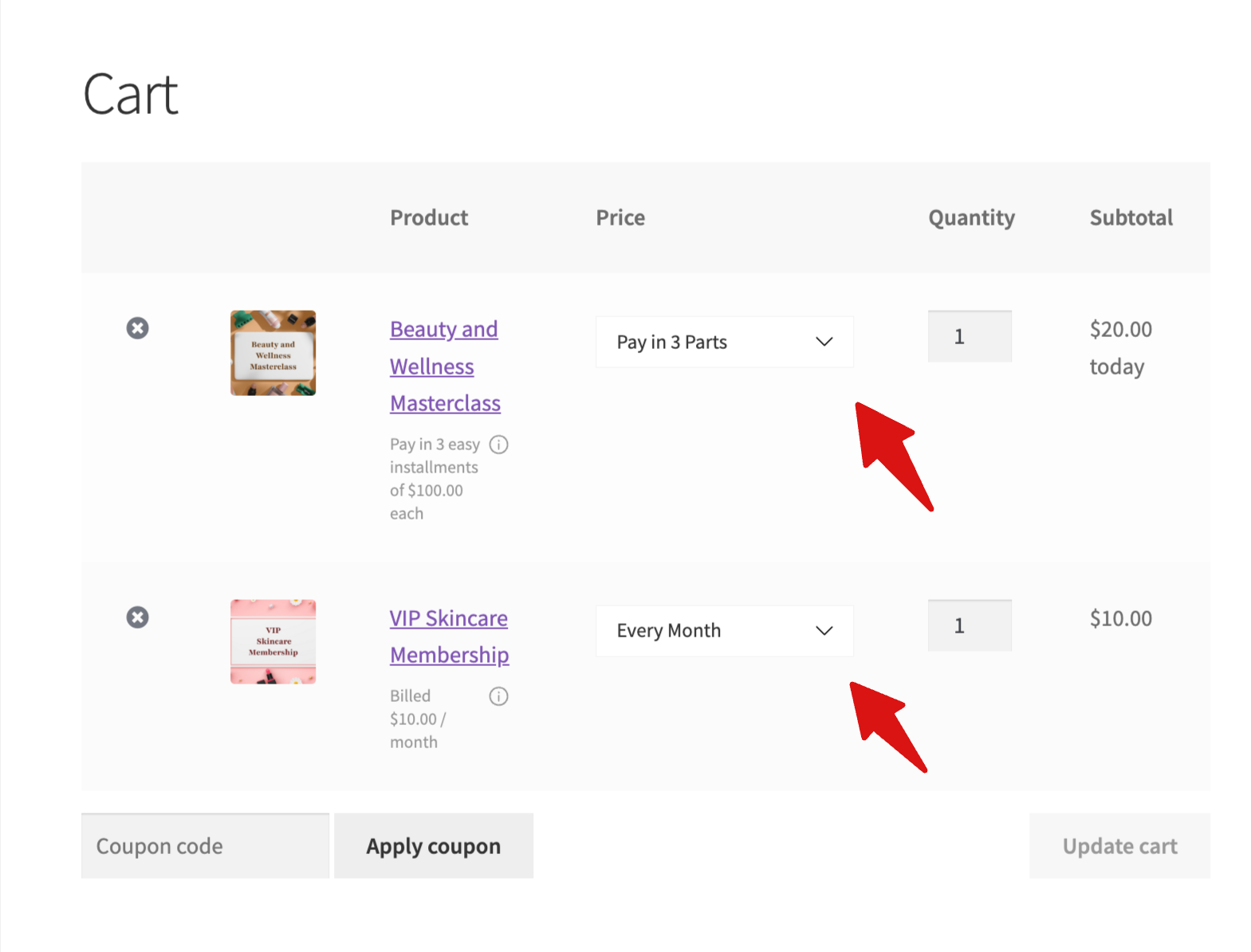 plan switch at cart page