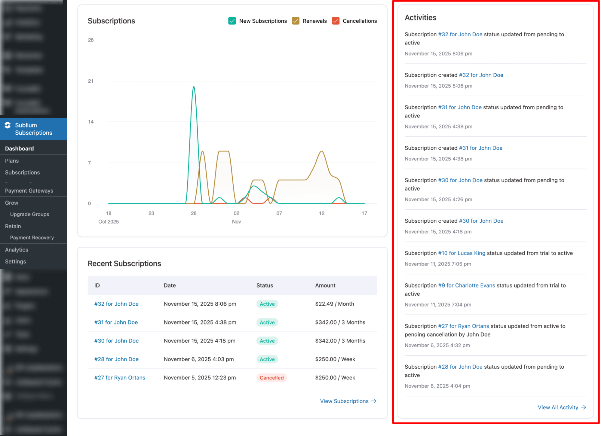 recent activities - Sublium Subscriptions dashboard