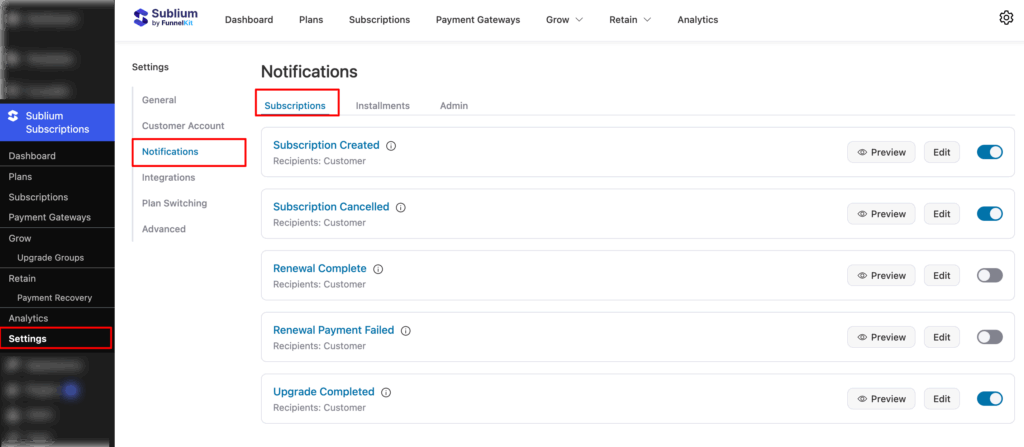 subscription notifications in Sublium Subscriptions