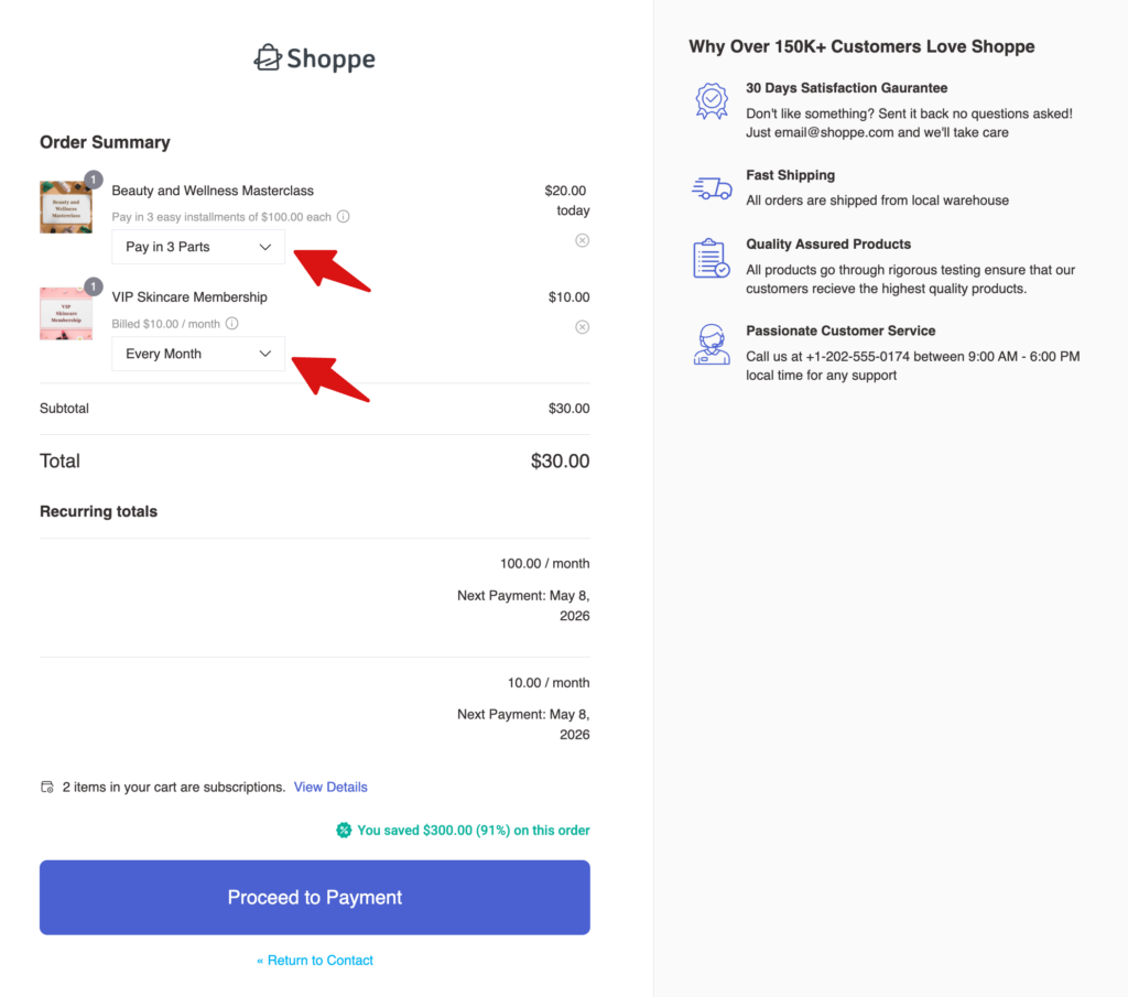 subscription plans on order summary checkout page