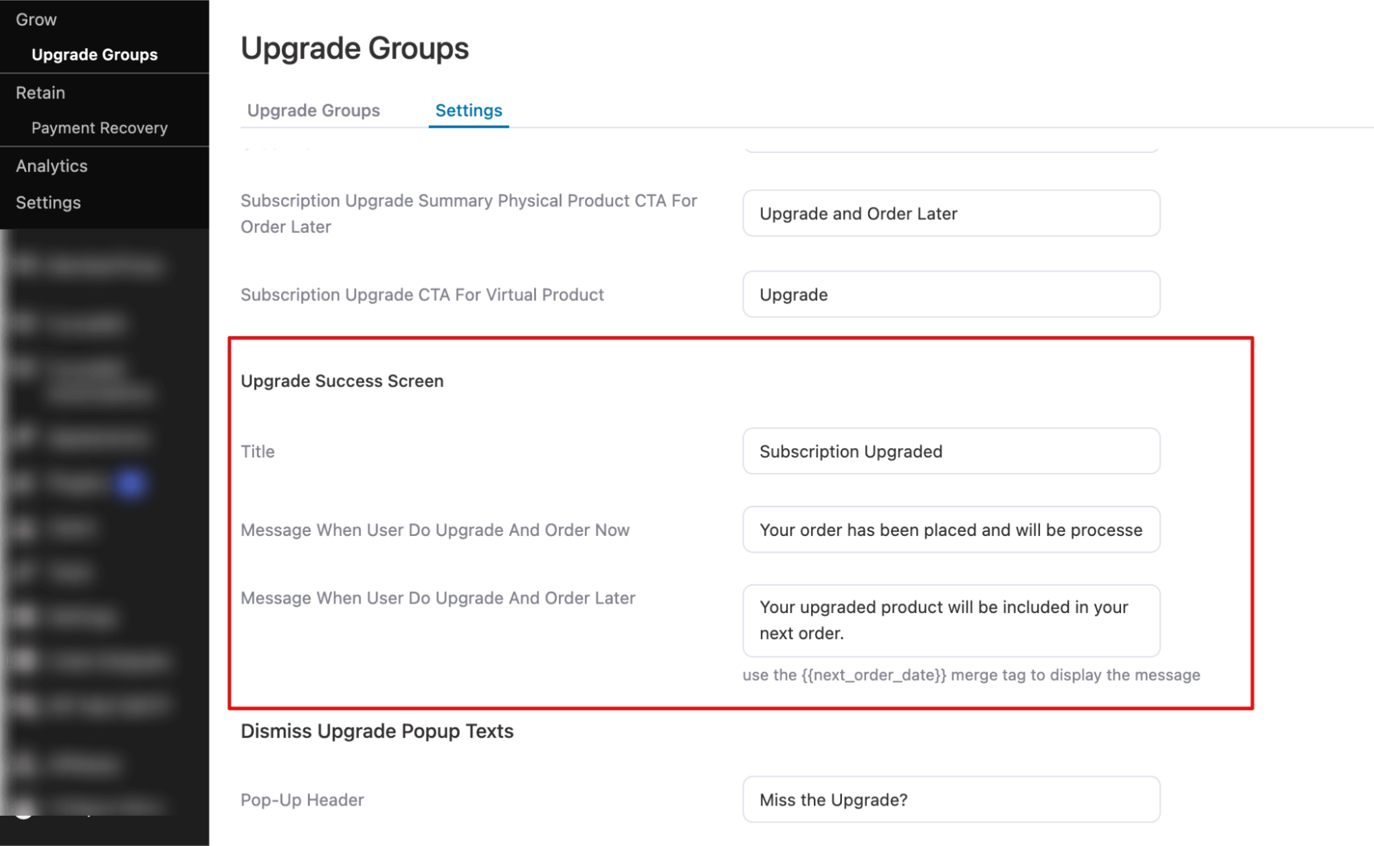 upgrade success screen