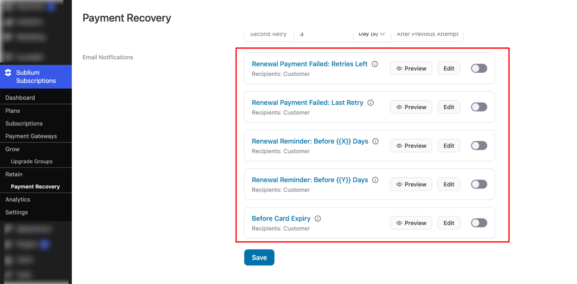 Payment recovery email notifications