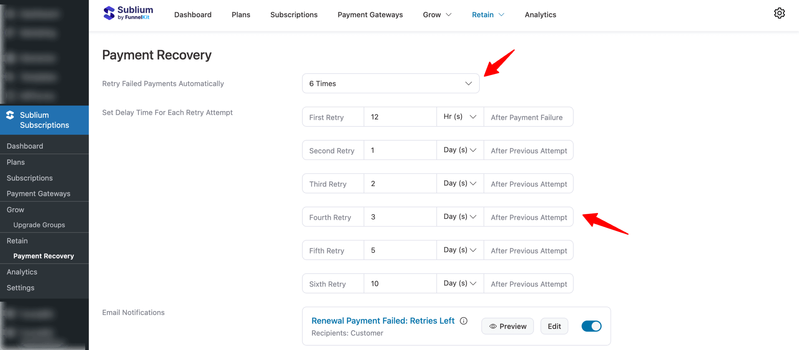 Retry Schedule Sublium Subscriptions