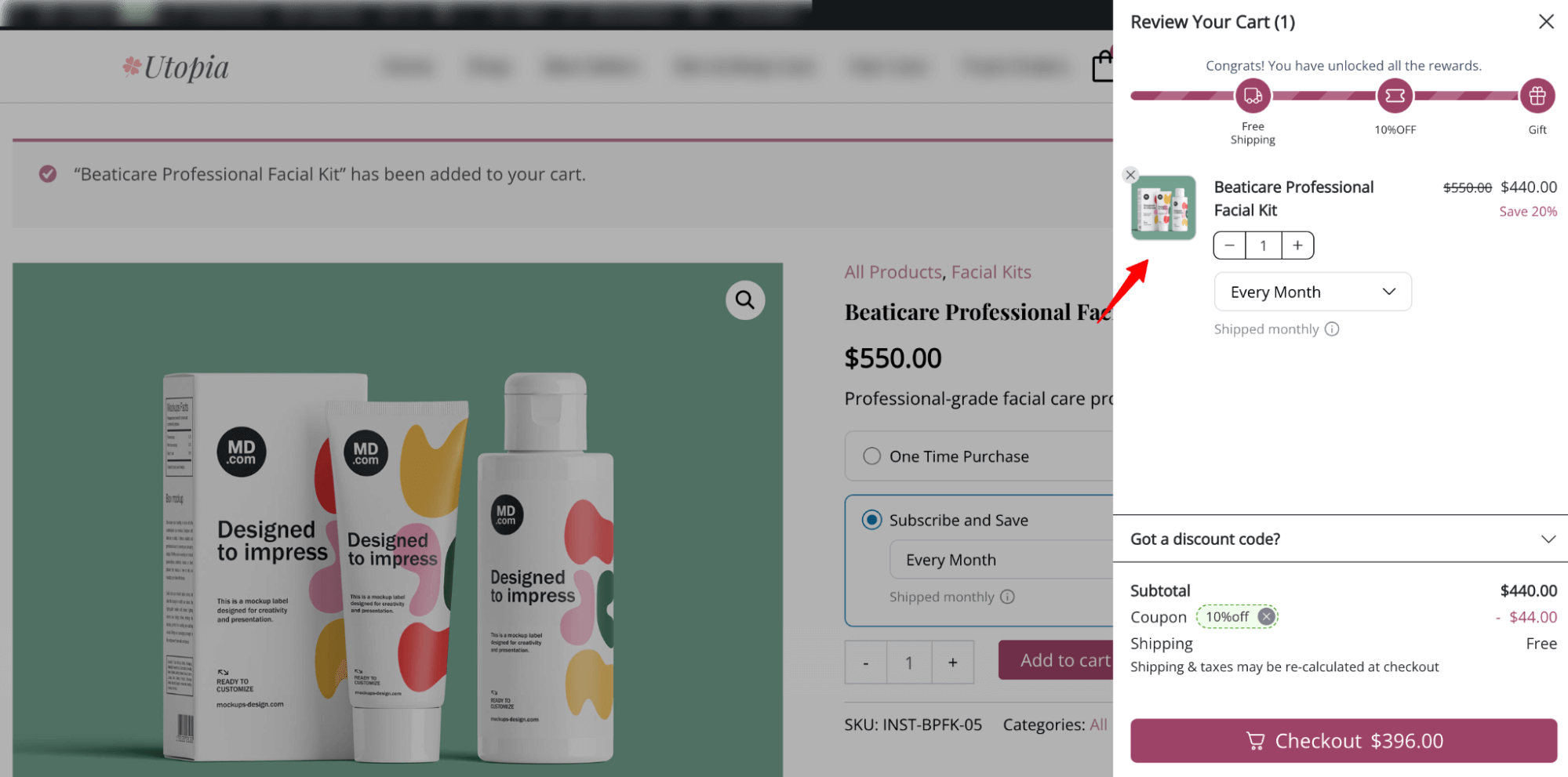 Subscribe & Save Plan on side cart