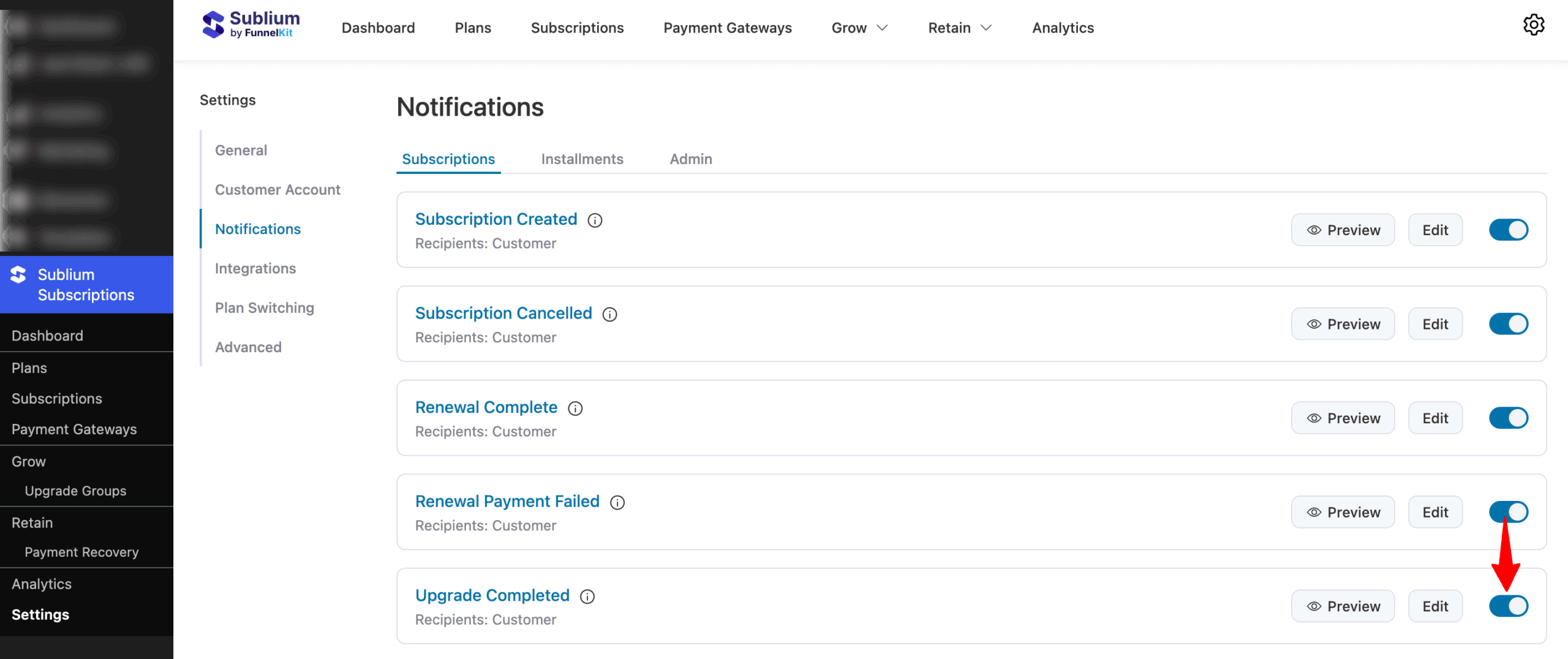 To activate the “Upgrade Completed” email, turn ON the toggle next to the notification inside Sublium Subscriptions.