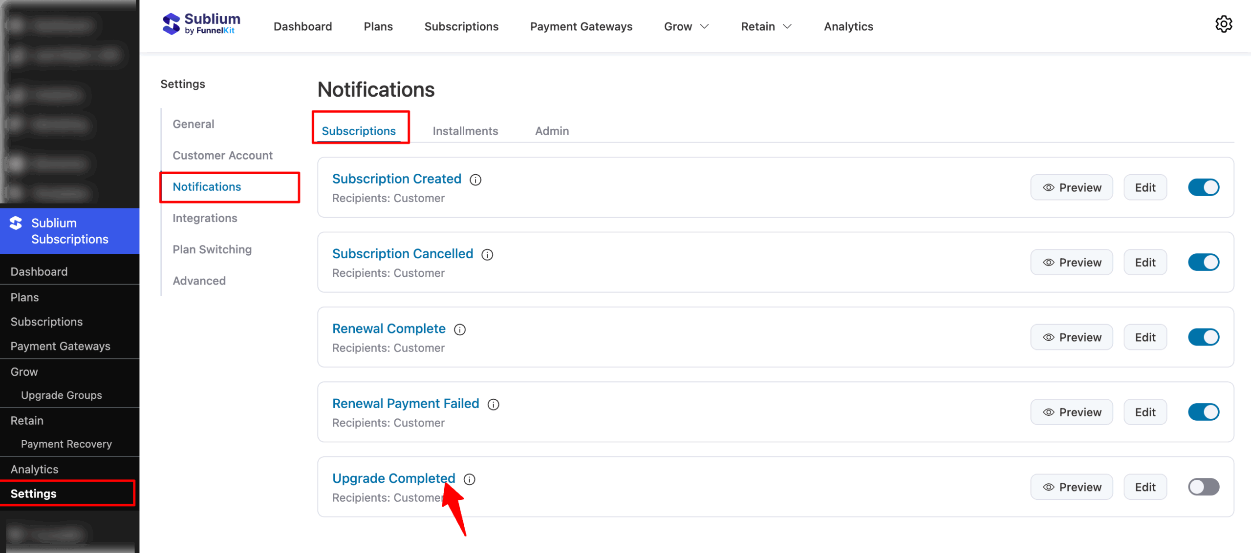 Under the Subscriptions tab, you will find the Upgrade Completed email notification.