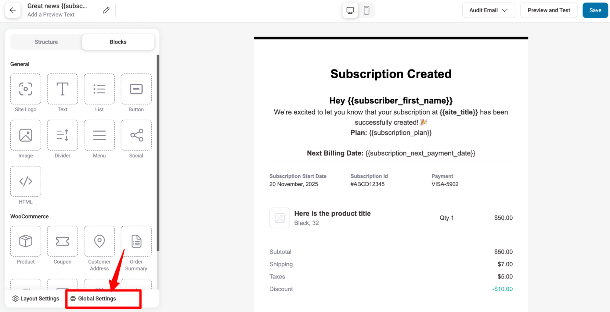 access global setings from visual builder menu