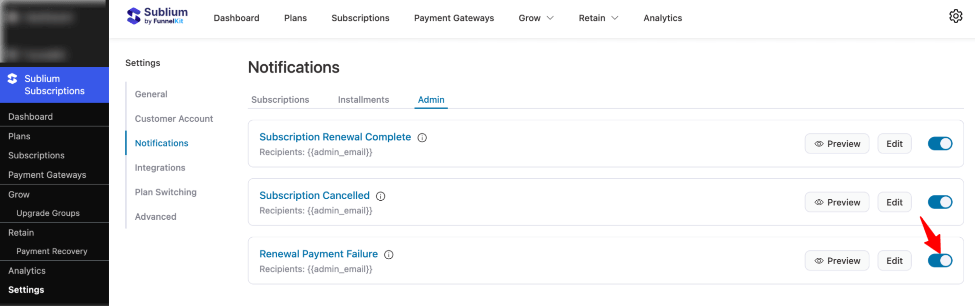 activate Renewal Payment Failure (Admin) notification