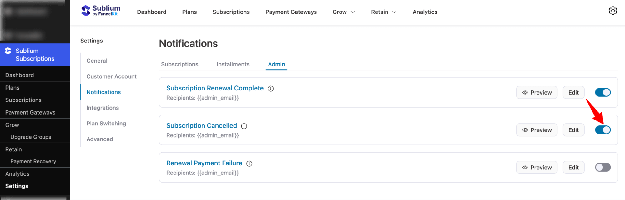 activate Subscription Cancelled email notification in sublium subscriptions