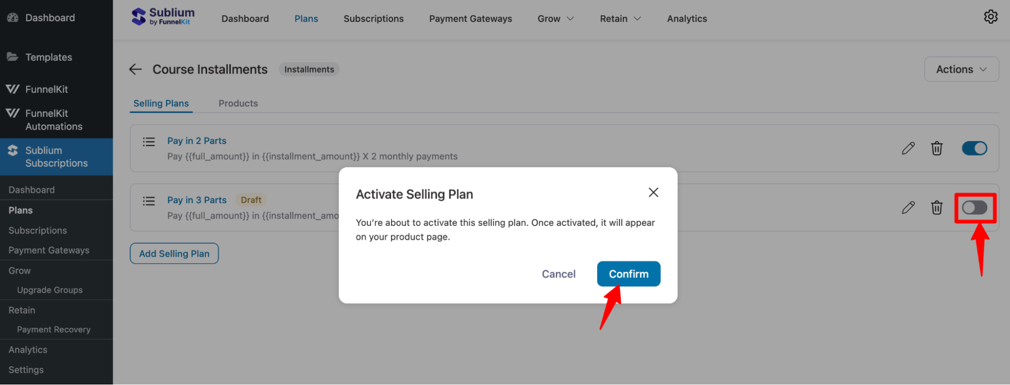 activate pay in 3 parts installment plan