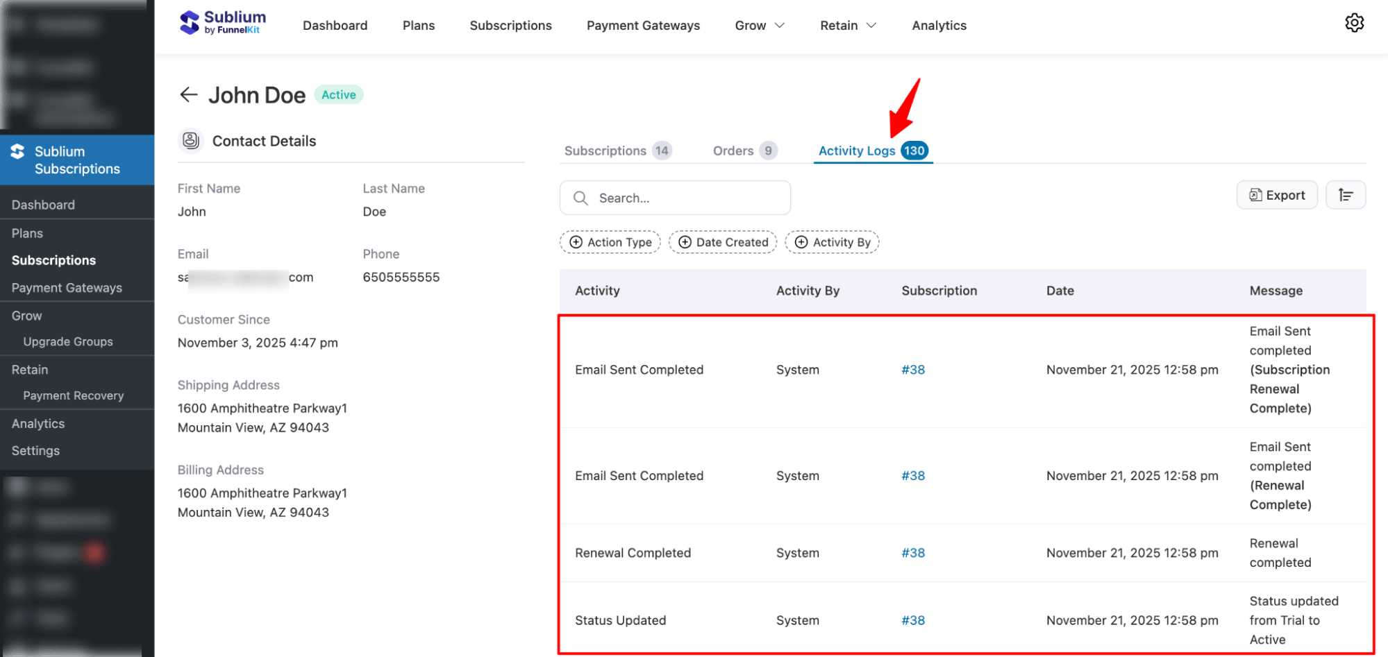 activity log subscribers data