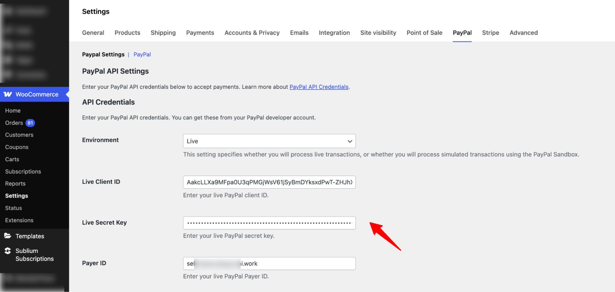 add API Credentials Paypal