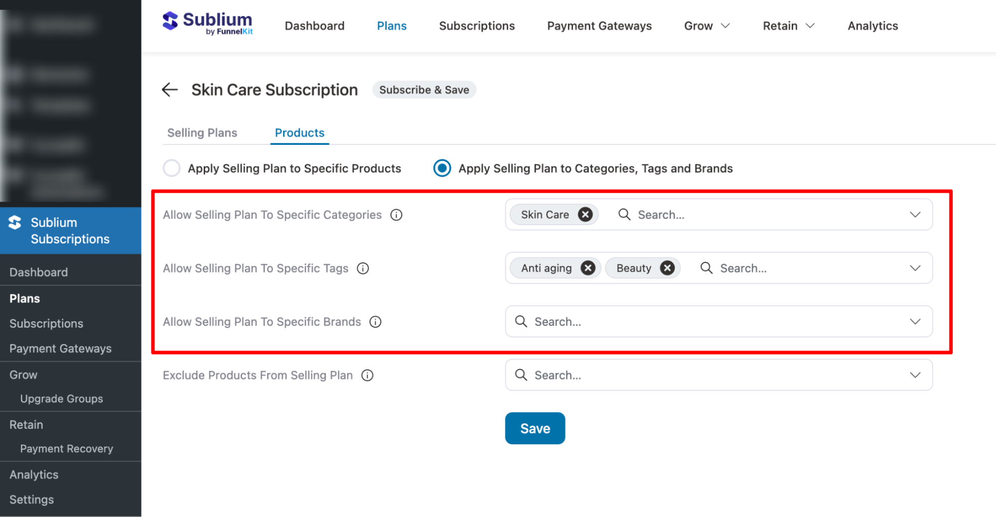 add categories, tags, brands to Subscribe & Save Plans