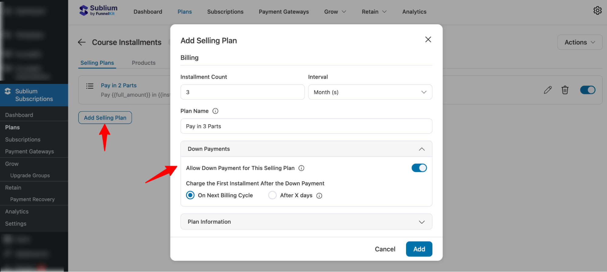 add pay in 3 parts installments