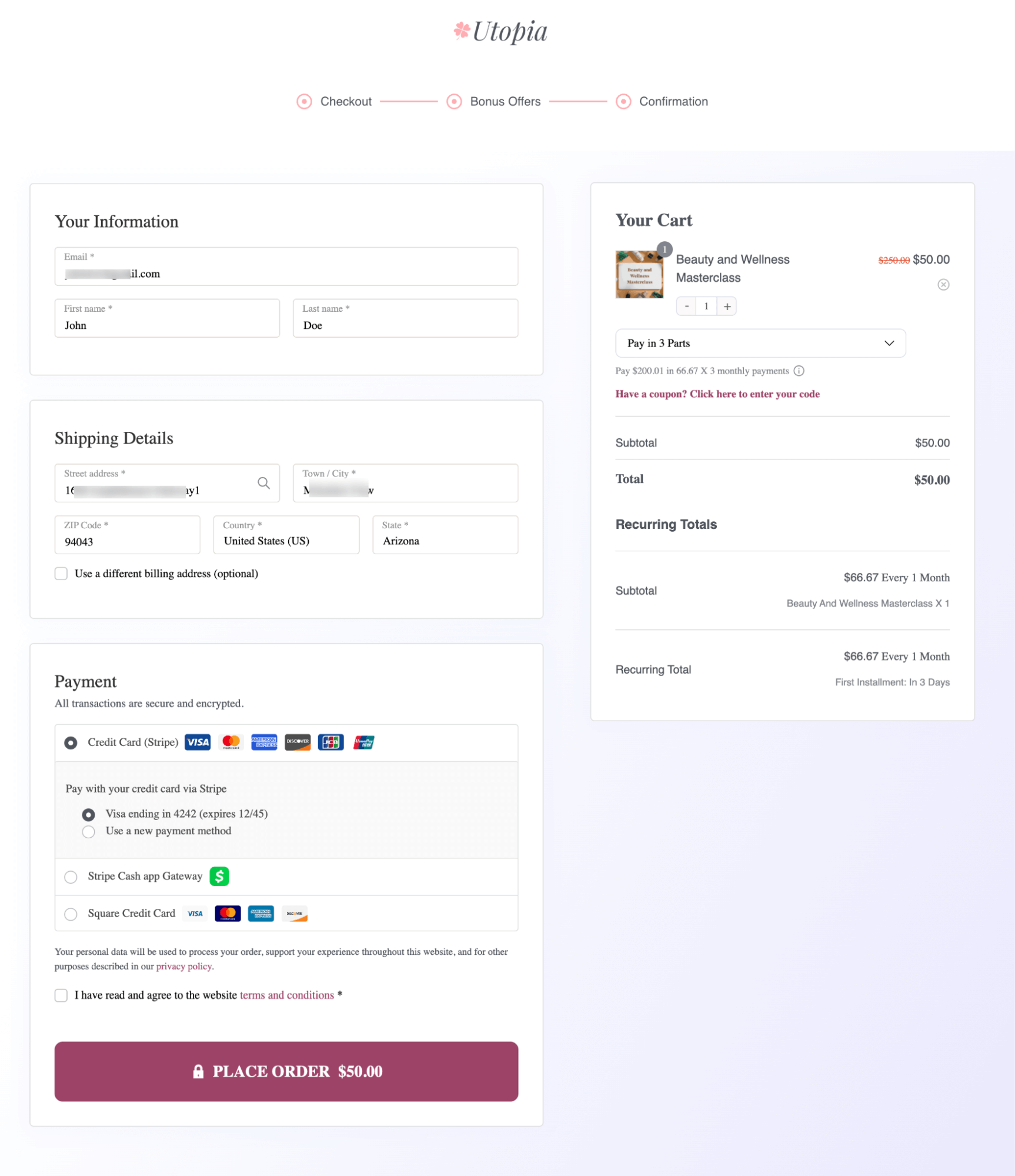 checkout page Installment Plan