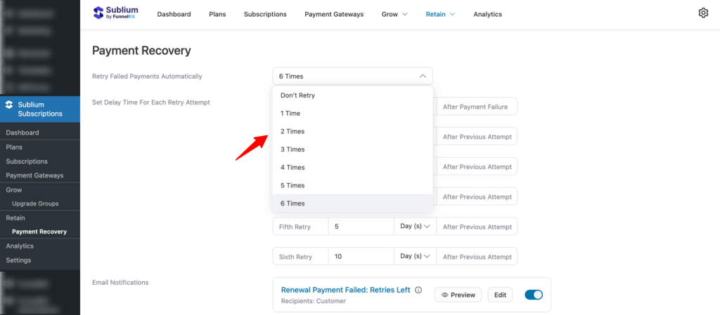 choose Retry failed payments automatically