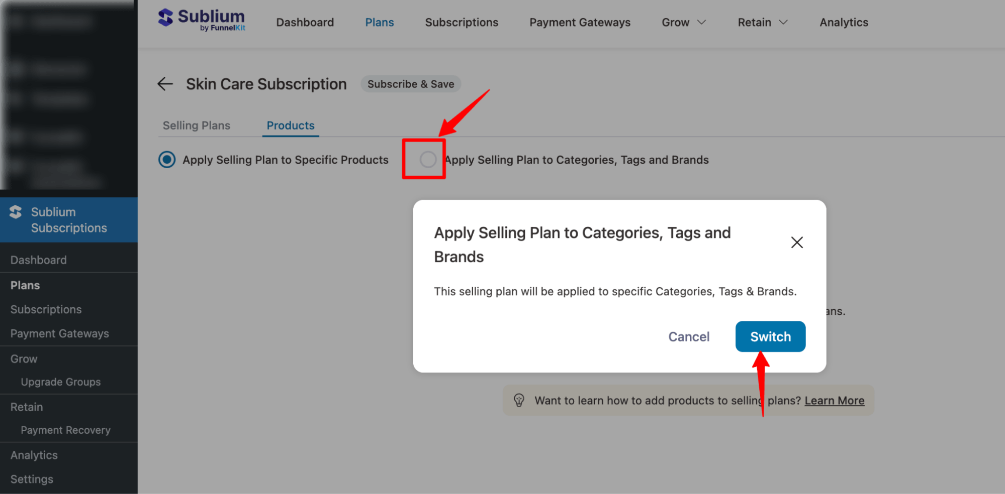 choose apply selling plans to categories for Subscribe & Save Plan
