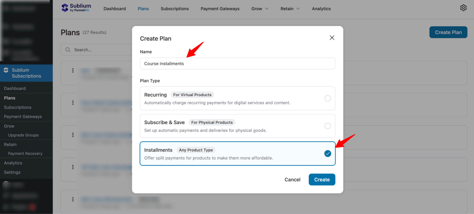 choose installment and hit create